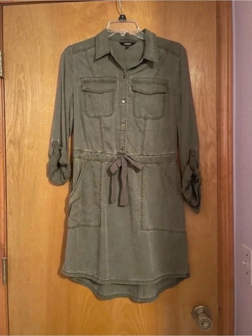 Express Khaki Green pocket button utility shirt dress